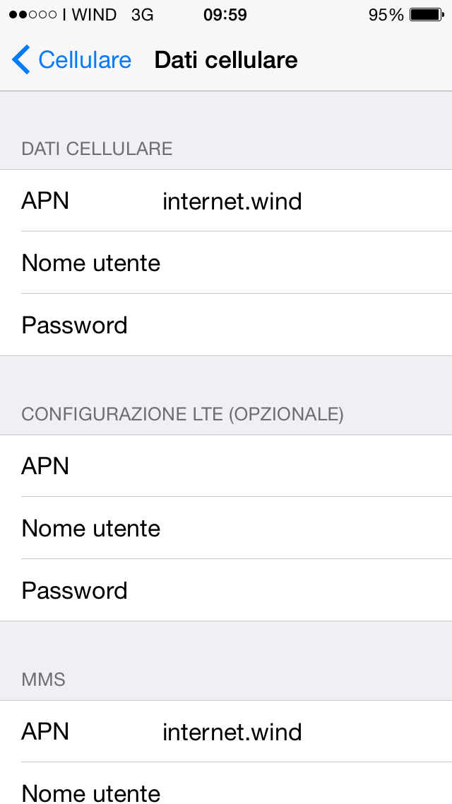 Configurare connessione Internet Wind su iPhone